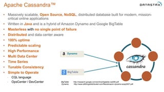 Apache Cassandra™
• Massively scalable, Open Source, NoSQL, distributed database built for modern, mission-
critical online applications
• Written in Java and is a hybrid of Amazon Dynamo and Google BigTable
• Masterless with no single point of failure
• Distributed and data center aware
• 100% uptime
• Predictable scaling
• High Performance
• Multi Data Center
• Time Series
• Tunable Consistency
• Simple to Operate
• CQL language
• OpsCenter / DevCenter
Dynamo
BigTable
BigTable: http://research.google.com/archive/bigtable-osdi06.pdf
Dynamo: http://www.allthingsdistributed.com/files/amazon-dynamo-sosp2007.pdf
 