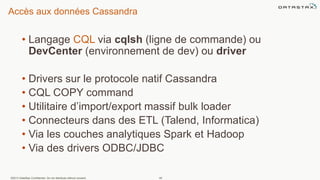 Accès aux données Cassandra
• Langage CQL via cqlsh (ligne de commande) ou
DevCenter (environnement de dev) ou driver
• Drivers sur le protocole natif Cassandra
• CQL COPY command
• Utilitaire d’import/export massif bulk loader
• Connecteurs dans des ETL (Talend, Informatica)
• Via les couches analytiques Spark et Hadoop
• Via des drivers ODBC/JDBC
©2013 DataStax Confidential. Do not distribute without consent. 40
 
