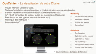 OpsCenter - La visualisation de votre Cluster
Monitoring
● Visualisation des noeuds
● Métriques & Alertes *
● Activité des noeuds
● Temps Réel
Opérations
● Configuration
● Opération sur les noeuds
● Opération de masse
● Re-équilibrage *
● Sauvegarde / Restauration *
● Point In Time Recovery *
• Visuel, interface utilisateur Web.
• Tâches d’installation, de configuration, et d’administration avec de simples clics
• Support visuel des Services de Gestion Automatique DataStax
• API REST permettant de scripter toutes les fonctions de OpsCenter
• Fonctionne sur tout type de terminal (tablette, etc.)
• Historique des métriques *
• Accès sécurisé *
* Seulement dans Datastax Enterprise
 