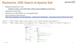 Confidential 55
Recherche, DSE Search et Apache Solr
• Mapping Cassandra / Solr
dsetool create_core killrvideo.videos generateResources=true
• Indexation temps réel
• Recherche via API REST ou via requêtes CQL
• Documentation DSE Search
http://docs.datastax.com/en/datastax_enterprise/4.8/datastax_enterprise/srch/srchOverview.html
SELECT * FROM videos where solr_query='{"q":"description:cassandra"}';
SELECT * FROM videos where solr_query='{"q":"tags:music","facet":{"field":"tags"}}';
 