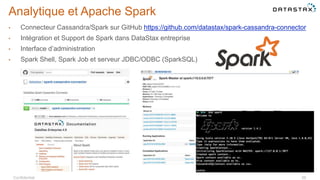 Confidential 56
Analytique et Apache Spark
• Connecteur Cassandra/Spark sur GitHub https://github.com/datastax/spark-cassandra-connector
• Intégration et Support de Spark dans DataStax entreprise
• Interface d’administration
• Spark Shell, Spark Job et serveur JDBC/ODBC (SparkSQL)
 
