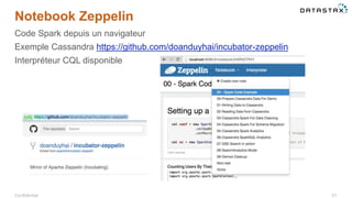 Notebook Zeppelin
Confidential 57
Code Spark depuis un navigateur
Exemple Cassandra https://github.com/doanduyhai/incubator-zeppelin
Interpréteur CQL disponible
 