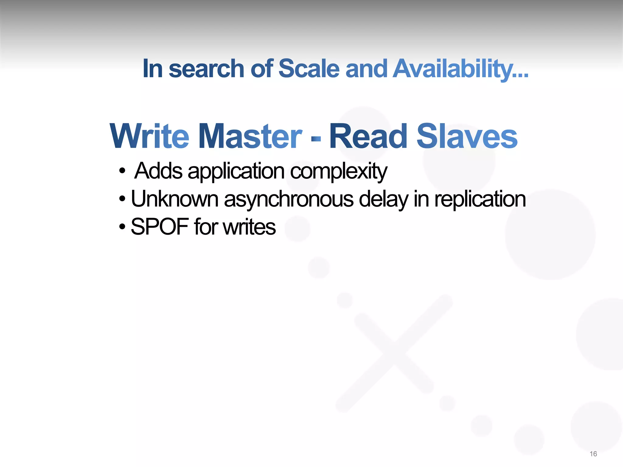 • Adds application complexity
• Unknown asynchronous delay in replication
• SPOF for writes




                                              16
 