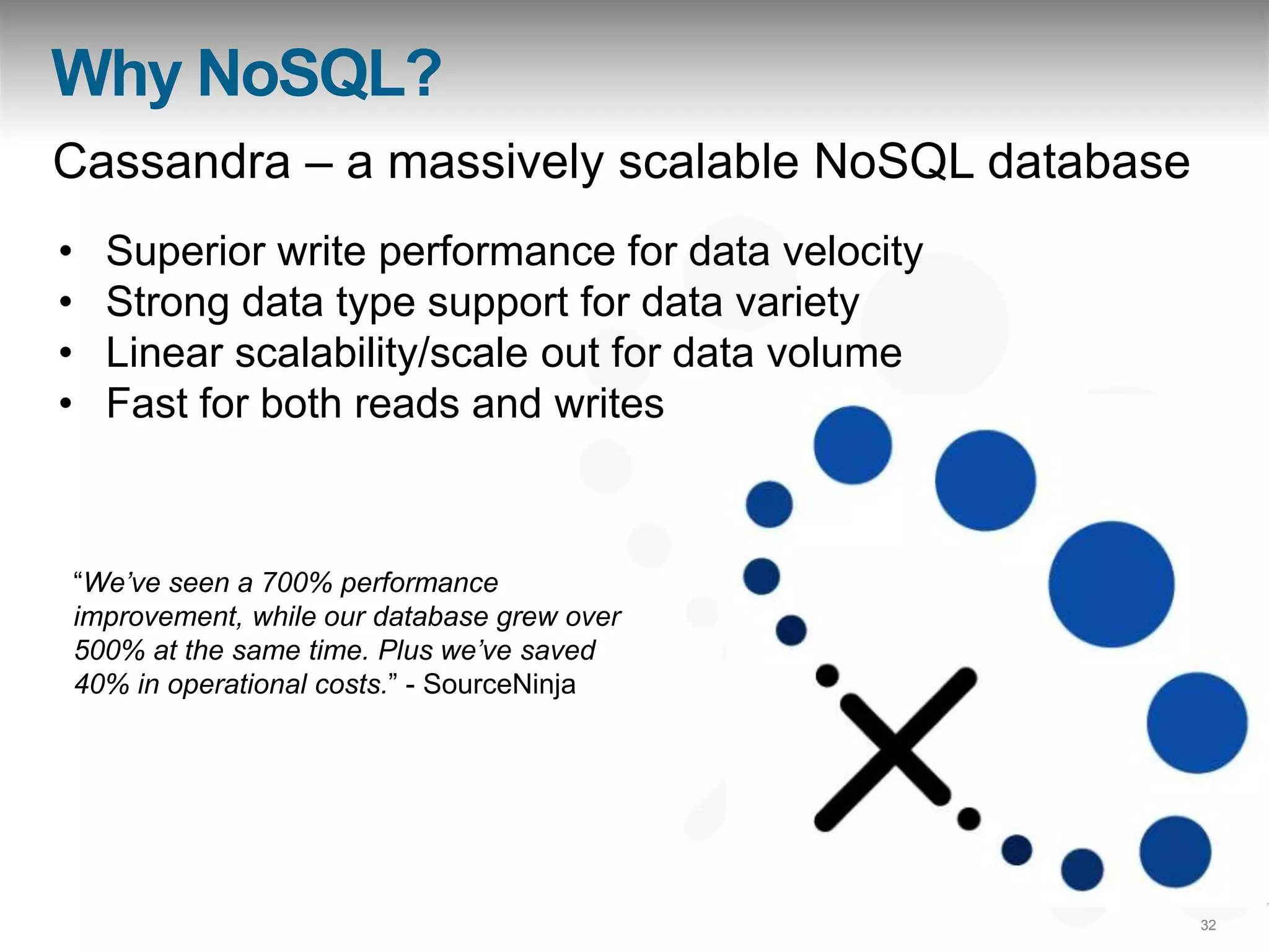 Why NoSQL?
Cassandra – a massively scalable NoSQL database
•     Superior write performance for data velocity
•     Strong data type support for data variety
•     Linear scalability/scale out for data volume
•     Fast for both reads and writes



    “We‟ve seen a 700% performance
    improvement, while our database grew over
    500% at the same time. Plus we‟ve saved
    40% in operational costs.” - SourceNinja




                                                     32
 