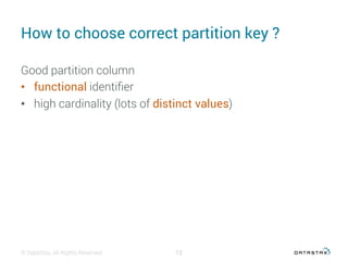 How to choose correct partition key ?
Good partition column
•  functional identiﬁer
•  high cardinality (lots of distinct values)
© DataStax, All Rights Reserved. 12
 
