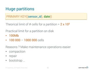 Huge partitions
© DataStax, All Rights Reserved. 32
PRIMARY KEY((sensor_id), date))
Theorical limit of # cells for a partition = 2 x 109
Practical limit for a partition on disk
•  100Mb
•  100 000 – 1000 000 cells
Reasons ? Make maintenance operations easier
•  compaction
•  repair
•  bootstrap …
 