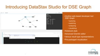 Introducing DataStax Studio for DSE Graph
11
• Intuitive web-based developer tool
DSE Graph
• querying
• exploring
• analyzing
• visualizing
• Notebook style
• Advanced Gremlin editor
• Various result type representations
• Pre-packaged visualization
 