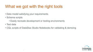 What we got with the right tools
• Data model satisfying your requirements
• Schema scripts
• Easily recreate development or testing environments
• Test data
• CQL scripts of DataStax Studio Notebooks for validating & demoing
12
 