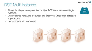 •  Allows for simple deployment of multiple DSE instances on a single
machine.
•  Ensures large hardware resources are effectively utilized for database
applications.
•  Helps reduce hardware cost. 
DSE Multi-Instance
 