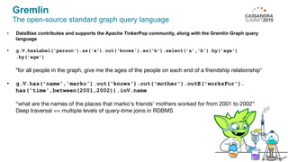 Gremlin
The open-source standard graph query language
•  DataStax contributes and supports the Apache TinkerPop community, along with the Gremlin Graph query
language
•  g.V.hasLabel('person').as('a').out('knows').as('b').select('a','b').by('age')
.by('age')
"for all people in the graph, give me the ages of the people on each end of a friendship relationship“
•  g.V.has('name','marko').out('knows').out('mother').outE('worksFor').
has('time',between(2001,2002)).inV.name 
 
“what are the names of the places that marko's friends' mothers worked for from 2001 to 2002” 
Deep traversal == multiple levels of query-time joins in RDBMS
 