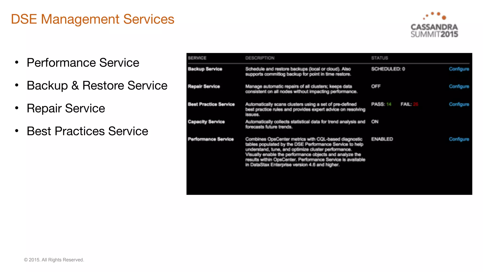 © 2015. All Rights Reserved.
DSE Management Services
• Performance Service

• Backup & Restore Service

• Repair Service

• Best Practices Service
 