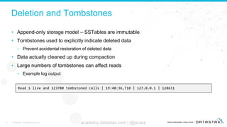 Deletion and Tombstones
• Append-only storage model – SSTables are immutable
• Tombstones used to explicitly indicate deleted data
– Prevent accidental restoration of deleted data
• Data actually cleaned up during compaction
• Large numbers of tombstones can affect reads
– Example log output
17 © DataStax, All Rights Reserved. academy.datastax.com | @jscarp
Read 1 live and 123780 tombstoned cells | 19:48:36,710 | 127.0.0.1 | 128631
 