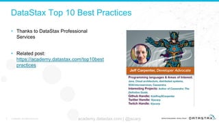 DataStax Top 10 Best Practices
• Thanks to DataStax Professional
Services
• Related post:
https://academy.datastax.com/top10best
practices
2 © DataStax, All Rights Reserved. academy.datastax.com | @jscarp
 