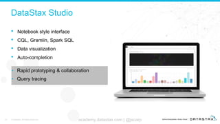 DataStax Studio
• Notebook style interface
• CQL, Gremlin, Spark SQL
• Data visualization
• Auto-completion
40 © DataStax, All Rights Reserved. academy.datastax.com | @jscarp
• Rapid prototyping & collaboration
• Query tracing
 