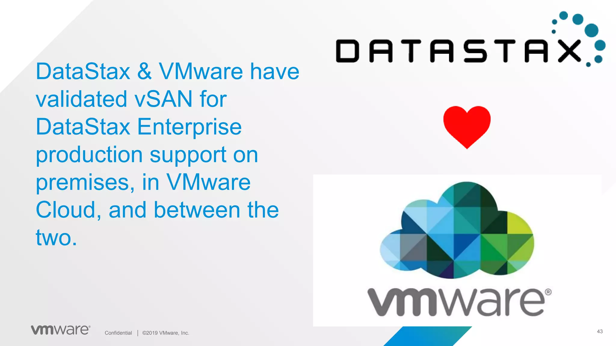 43Confidential │ ©2019 VMware, Inc.
DataStax & VMware have
validated vSAN for
DataStax Enterprise
production support on
premises, in VMware
Cloud, and between the
two.
 
