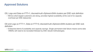 Confidential │ ©2019 VMware, Inc. 44
OS, Logs and Data on FTT=1, discreet/multi vSphere/vSAN clusters per DSE rack definition
• Mimics what largest customers are doing, provides highest availability at the cost of 2x capacity
overhead per DSE datacenter
OS and Logs on FTT=1, Data on FTT=0, discreet/multi vSphere/vSAN clusters per DSE rack
definition
• Enterprise blend of availability and capacity savings. Single permanent disk failure means some data
VMDKs will need to be recreated followed by DSE rebuild methodologies.
Approved Solutions
 