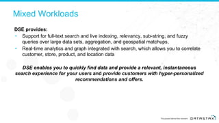 Mixed Workloads
DSE provides:
• Support for full-text search and live indexing, relevancy, sub-string, and fuzzy
queries over large data sets, aggregation, and geospatial matchups,
• Real-time analytics and graph integrated with search, which allows you to correlate
customer, store, product, and location data
DSE enables you to quickly find data and provide a relevant, instantaneous
search experience for your users and provide customers with hyper-personalized
recommendations and offers.
 