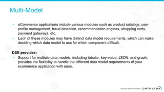 Multi-Model
• eCommerce applications include various modules such as product catalogs, user
profile management, fraud detection, recommendation engines, shopping carts,
payment gateways, etc.
• Each of these modules may have distinct data model requirements, which can make
deciding which data model to use for which component difficult.
DSE provides:
• Support for multiple data models, including tabular, key-value, JSON, and graph,
provides the flexibility to handle the different data model requirements of your
ecommerce application with ease.
 