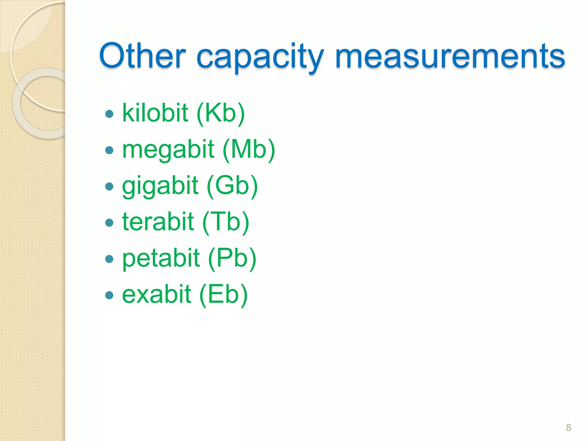 Other capacity measurements
 kilobit (Kb)
 megabit (Mb)
 gigabit (Gb)
 terabit (Tb)
 petabit (Pb)
 exabit (Eb)
8
 