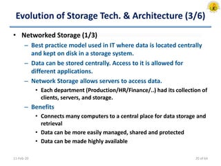 Evolution of Storage Tech. & Architecture (3/6)
• Networked Storage (1/3)
– Best practice model used in IT where data is located centrally
and kept on disk in a storage system.
– Data can be stored centrally. Access to it is allowed for
different applications.
– Network Storage allows servers to access data.
• Each department (Production/HR/Finance/..) had its collection of
clients, servers, and storage.
– Benefits
• Connects many computers to a central place for data storage and
retrieval
• Data can be more easily managed, shared and protected
• Data can be made highly available
11-Feb-20 20 of 64
 
