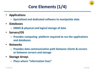 Core Elements (1/4)
• Applications
– Specialized and dedicated software to manipulate data
• Databases
– DBMS & physical and logical storage of data
• Servers/OS
– Provides computing platform required to run the applications
and databases
• Networks
– Provides data communication path between clients & servers
or between servers and storage
• Storage Arrays
– Place where “information lives”
11-Feb-20 43 of 64
 