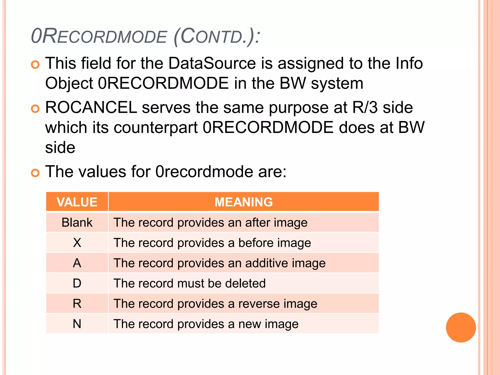 0RECORDMODE (CONTD.):
 This field for the DataSource is assigned to the Info
Object 0RECORDMODE in the BW system
 ROCANCEL serves the same purpose at R/3 side
which its counterpart 0RECORDMODE does at BW
side
 The values for 0recordmode are:
VALUE MEANING
Blank The record provides an after image
X The record provides a before image
A The record provides an additive image
D The record must be deleted
R The record provides a reverse image
N The record provides a new image
 