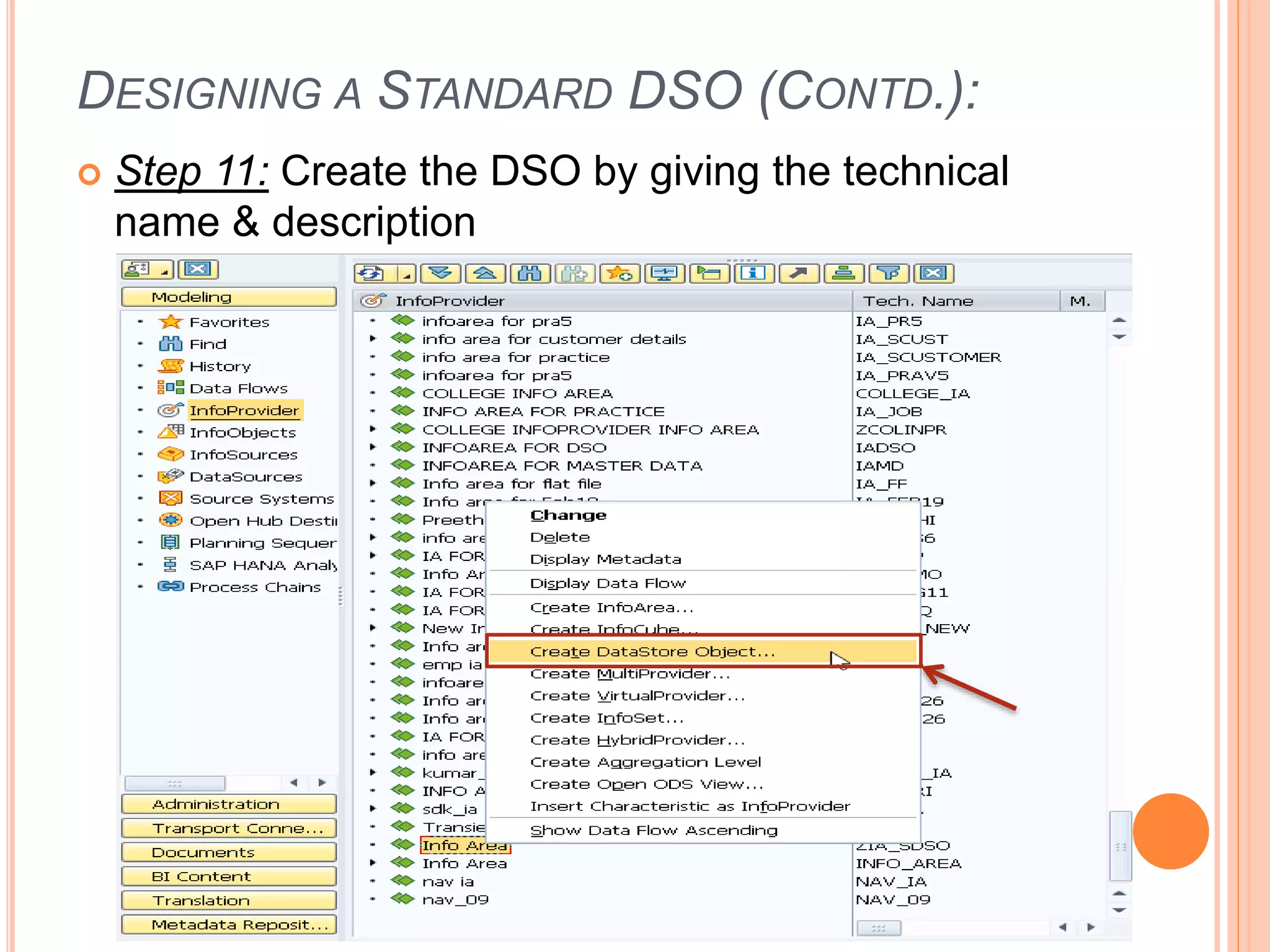DESIGNING A STANDARD DSO (CONTD.):
 Step 11: Create the DSO by giving the technical
name & description
 
