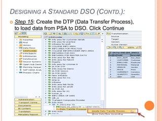 DESIGNING A STANDARD DSO (CONTD.):
 Step 15: Create the DTP (Data Transfer Process),
to load data from PSA to DSO. Click Continue
 