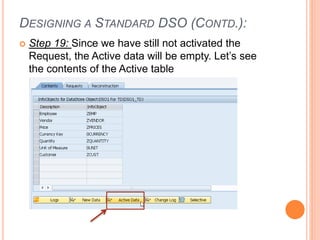 DESIGNING A STANDARD DSO (CONTD.):
 Step 19: Since we have still not activated the
Request, the Active data will be empty. Let’s see
the contents of the Active table
 