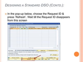 DESIGNING A STANDARD DSO (CONTD.):
 In the pop-up below, choose the Request ID &
press ‘Refresh’. Wait till the Request ID disappears
from this screen
 