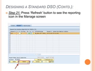 DESIGNING A STANDARD DSO (CONTD.):
 Step 21: Press ‘Refresh’ button to see the reporting
icon in the Manage screen
 