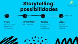 Trabalhe posts
sequenciais.
Infográficos.
Posts
Storytelling:
possibilidades
TEDs, webinars.
Apresentações
Colaboradores,
clientes,
consumidores.
Relatos
Conteúdos
audiovisuais
diversos.
Vídeos
 