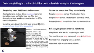 Data storytelling is a critical skill for data scientists, analysts & managers
4
Stories are memorable. They spread virally
People remember stories. They’ll act on them.
People share stories. That enables collective action.
For people to act on analysis, data stories are critical.
But analysts present analysis, not stories
We present what we did. Not what you need.
You need to know what happened, why, & what to do.
Narrated in an engaging way. As a story.
We’ll learn how do that in this session.
Storytelling has a 30X Return on Investment
Rob Walker and Joshua Glenn auctioned common
items like mugs, golf balls, toys, etc. The item
descriptions were stories purpose-written by 200+
contributing writers.
Items that were bought for $250 sold for over $8,000 –
a return of over 3,000% for storytelling!
Mario – The Baker Mouse
Original price: $.50.
Final price: $62.00.
Story by – Megan O’Rourke
When I was a child, my mother used to
keep Mario on a shelf near the oven.
Sometimes I would play with him. She
told me that Mario was magic; in the
night, he made muffins light as manna
and delicate as silver. If you happened to
sleepwalk into the kitchen, you could eat
the muffins, but they disappeared by
morning.
…
 