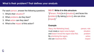 DO IT: Write it in this structure
“[Person, Role] is in [situation], and faces this
[problem]. By taking [action], she can drive
[impact].”
Example
Stacy, the Marketing head, person, role
must create a region-wise budget, situation
and doesn’t know the region-wise RoI. problem
By prioritizing the region, action
she can maximize ROI. impact
For each person, answer the following questions:
1. What’s their situation?
2. What problems do they face?
3. What action can they take?
4. What is the impact of this action?
What is their problem? That defines your analysis
 