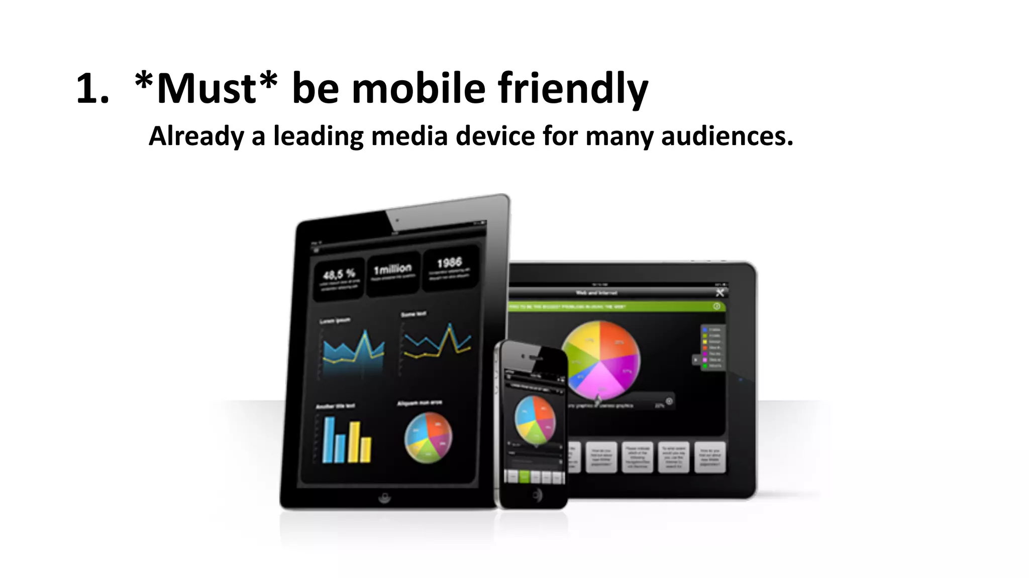 1.
Â
 *Must*
 be
 mobile
 friendly
Already
 a
 leading
 media
 device
 for
 many
 audiences.