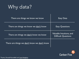 Why data?
There are things we know we know Easy Data
There are things we know we don’t know Easy Questions
There are things we don’t know we know
Valuable Intuitions, and
Difﬁcult Questions
There are things we don’t know we don’t know
Thanks, Donald Rumsfeld and Lean Analytics
 