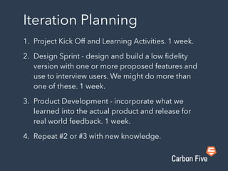 Iteration Planning
1. Project Kick Off and Learning Activities. 1 week.
2. Design Sprint - design and build a low ﬁdelity
version with one or more proposed features and
use to interview users. We might do more than
one of these. 1 week.
3. Product Development - incorporate what we
learned into the actual product and release for
real world feedback. 1 week.
4. Repeat #2 or #3 with new knowledge.
 