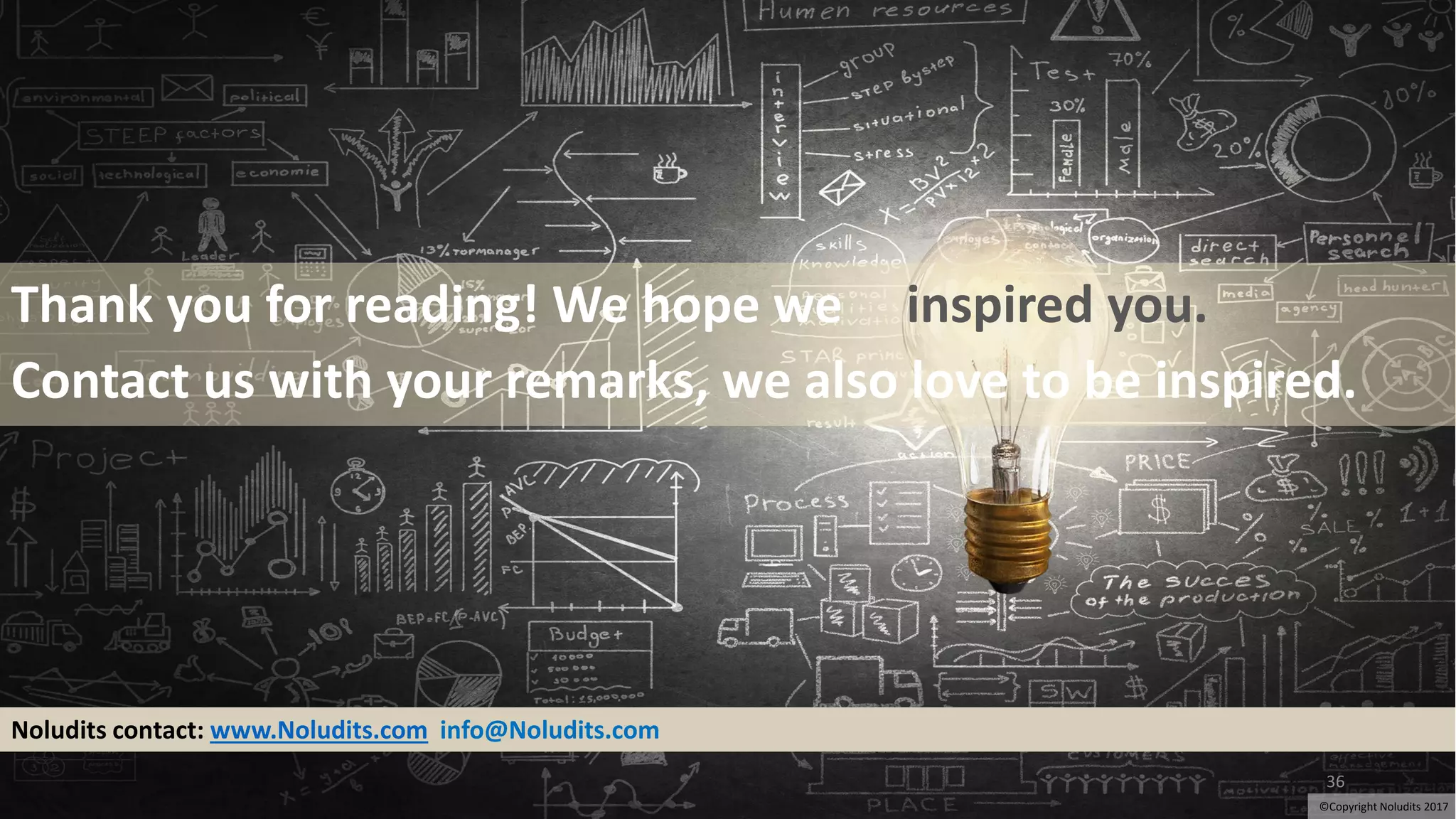 Thank you for reading! We hope we inspired you.
Contact us with your remarks, we also love to be inspired.
Noludits contact: www.Noludits.com info@Noludits.com
36
©Copyright Noludits 2017
 