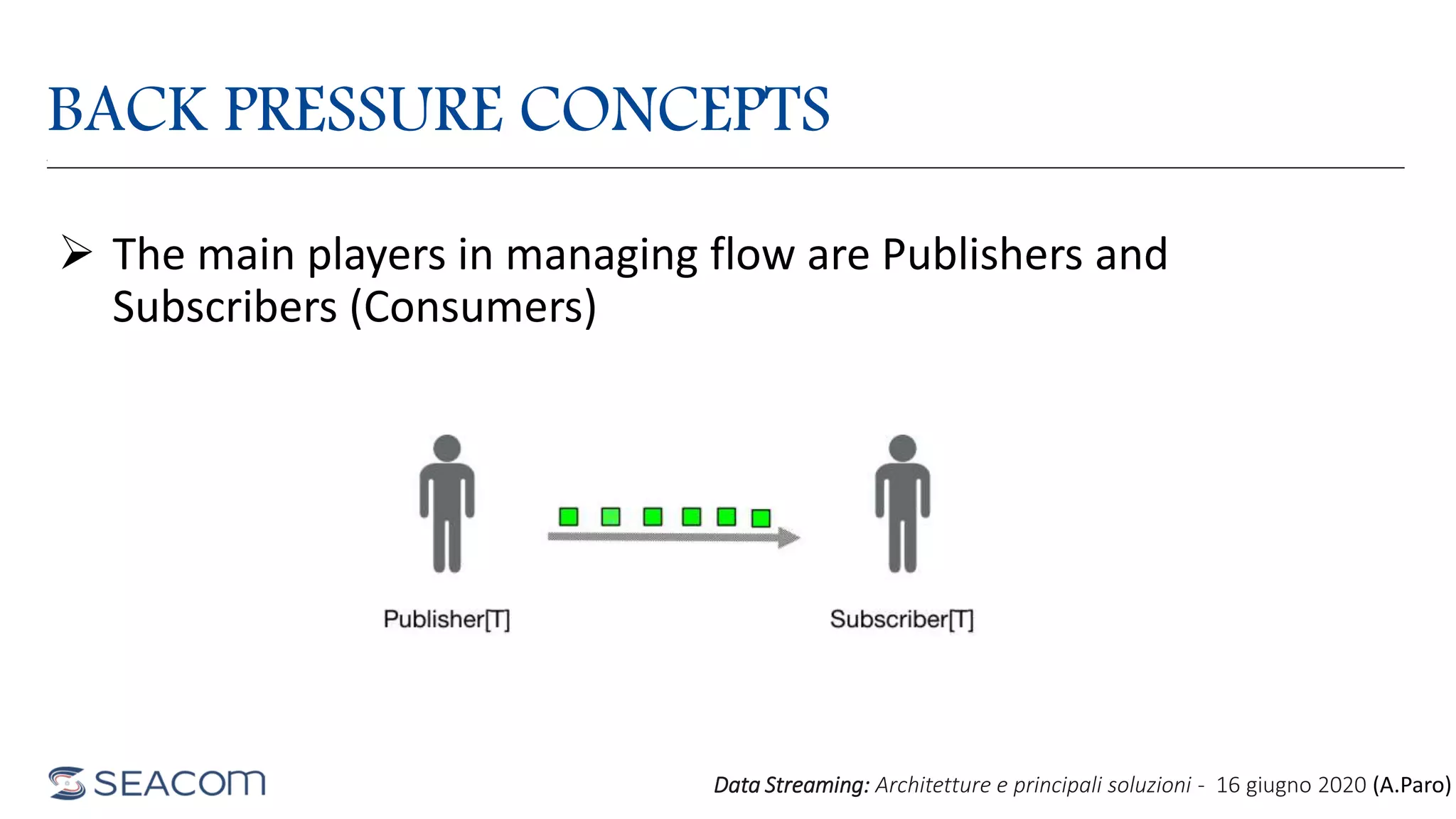 BACK PRESSURE CONCEPTS
 The main players in managing flow are Publishers and
Subscribers (Consumers)
Data Streaming: Architetture e principali soluzioni - 16 giugno 2020 (A.Paro)
 
