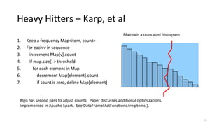Heavy Hitters – Karp, et al
1. Keep a frequency Map<item, count>
2. For each v in sequence
3. increment Map[v].count
4. If map.size() > threshold
5. for each element in Map
6. decrement Map[element].count
7. if count is zero, delete Map[element]
Algo has second pass to adjust counts. Paper discusses additional optimizations.
Implemented in Apache Spark. See DataFrameStatFunctions.freqItems().
Maintain a truncated histogram
15
 
