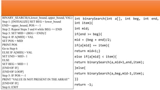 BINARY_SEARCH(A,lower_bound, upper_bound, VAL)
Step 1: [INITIALIZE] SET BEG = lower_bound
END = upper_bound, POS = - 1
Step 2: Repeat Steps 3 and 4 while BEG <= END
Step 3: SET MID = (BEG + END)/2
Step 4: IF A[MID] = VAL
SET POS = MID
PRINT POS
Go to Step 6
ELSE IF A[MID] > VAL
SET END = MID - 1
ELSE
SET BEG = MID + 1
[END OF IF]
[END OF LOOP]
Step 5: IF POS = -1
PRINT “VALUE IS NOT PRESENT IN THE ARRAY”
[END OF IF]
Step 6: EXIT
int binarySearch(int a[], int beg, int end,
int item){
int mid;
if(end >= beg){
mid = (beg + end)/2;
if(a[mid] == item){
return mid+1;}
else if(a[mid] < item){
return binarySearch(a,mid+1,end,item);
}else{
return binarySearch(a,beg,mid-1,item);
}}
return -1;
 