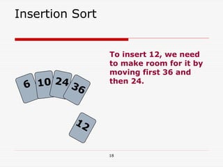 18
To insert 12, we need
to make room for it by
moving first 36 and
then 24.
Insertion Sort
6 10 24
12
36
 