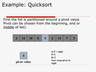 Example: Quicksort
First the list is partitioned around a pivot value.
Pivot can be chosen from the beginning, end or
middle of list):
8 3
2 11 7
5
4 10
12
4 5
5
pivot value
Is P < right
P=5
R=3
Now swap pivot to
right
 