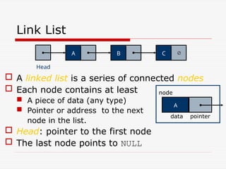Link List
 A linked list is a series of connected nodes
 Each node contains at least
 A piece of data (any type)
 Pointer or address to the next
node in the list.
 Head: pointer to the first node
 The last node points to NULL
A 
Head
B C
A
data pointer
node
 