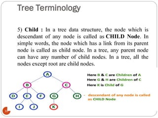 Tree Terminology
5) Child : In a tree data structure, the node which is
descendant of any node is called as CHILD Node. In
simple words, the node which has a link from its parent
node is called as child node. In a tree, any parent node
can have any number of child nodes. In a tree, all the
nodes except root are child nodes.
10
 