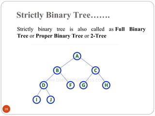 Strictly Binary Tree…….
Strictly binary tree is also called as Full Binary
Tree or Proper Binary Tree or 2-Tree
28
 