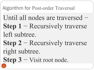 Algorithm for Post-order Traversal
45
Until all nodes are traversed −
Step 1 − Recursively traverse
left subtree.
Step 2 − Recursively traverse
right subtree.
Step 3 − Visit root node.
 