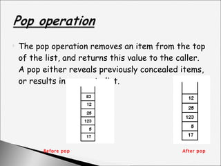The pop operation removes an item from the top of the list, and returns this value to the caller. A pop either reveals previously concealed items, or results in an empty list. Before pop  After pop 