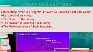 Before using Array in a Program, It Must Be Declared First Like Other
Data type of an Array.
The Name of The Array.
The Number of Subscript in an Array.
The Maximum Value of Each Subscript.