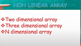 Two dimensional array
Three dimensional array
N dimensional array